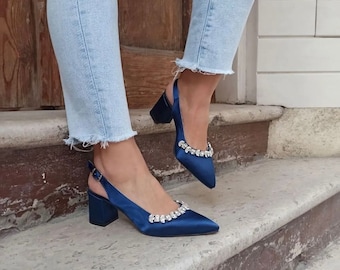 Dunkelblaue Satin Brautschuhe, Brautschuhe mit tiefem Absatz