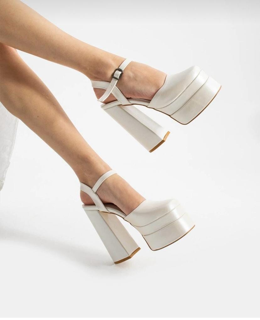 White Pearl Leather Platform Heels, Double Layer Thick High Heel Shoe