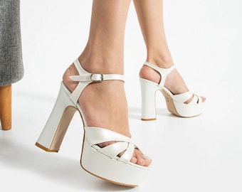 Weiße Riemchen Plateau Heels, Damen Hochzeit Brautschuh