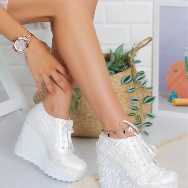 White Wedding Bridal High Heel, Custom Converse Shoes, Lace High Heels Sneakers For Bride