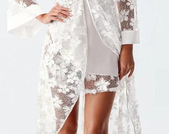 Weißes Satin Braut Nachthemd Robe Set, Flitterwochen Dessous