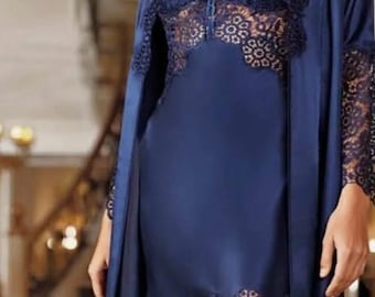 Navy Blau Satin Spitze Nachthemd Robe Set, Braut Dessous