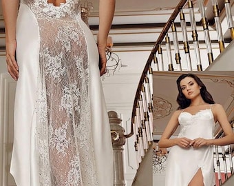 Ecru Satin Nachthemd Set, Brautwäsche Flitterwochen Dessous