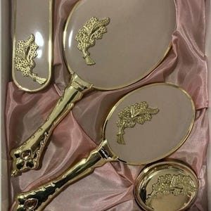 Vintage gespiegeltes Waschtischset, Brautmitgiftgeschenk, Blattdesign