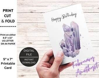 Printable card - February birthday card - Amethyst birthstone greeting card-  happy birthday card for her - crystal gemstone cards