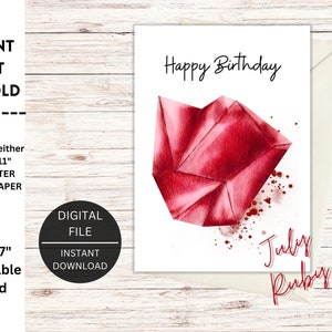 Biglietto di compleanno di luglio, biglietto stampabile, biglietto d’auguri con pietra portafortuna di rubino, biglietto di buon compleanno per lei, biglietti con pietre preziose di cristallo
