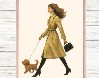Impression de téléchargement numérique d'art mural femme promenant un chien de mode abstraite