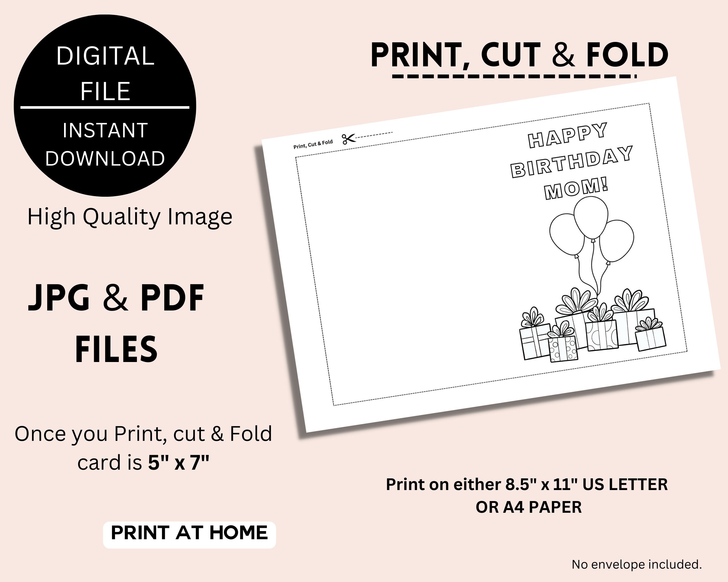 PRINTABLE Happy Birthday MOM Coloring Card, Print and Color Your Own