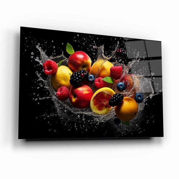 Arte de pared de vidrio templado / Arte de pared de vidrio con impresión de salpicaduras de frutas / Arte de pared de cocina / Arte de pared panorámica / Decoración del hogar / Decoración de pared / Regalo personalizado