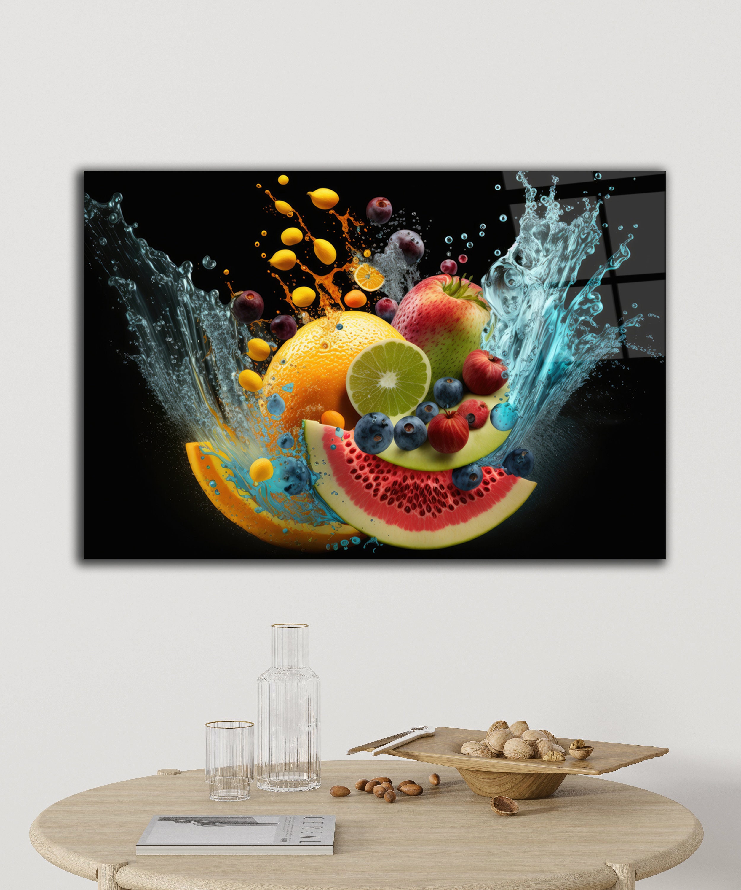 Tempered Glass Wall Art Fruits Splash Print Large Glass Wall Art