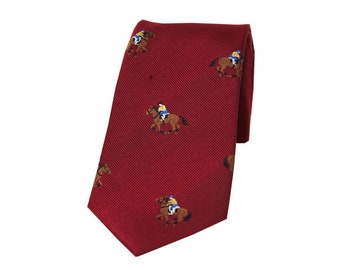 Soprano Jockeys And Horses On Burgundy Red Ground Silk Tie