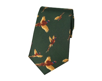 Soprano Flying Pheasants On Country Green Ground Country Silk Tie