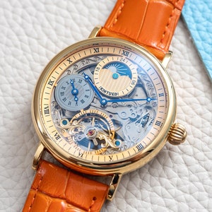 Engraved Automatic Skeleton Mechanical Dual Time Watch l Gold l Orange Leather Strap l Gift Anniversary l Customized
