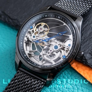 Mens Skeleton Automatic Mechanical Skeleton Watch: Black Stainless Steel Mesh Strap