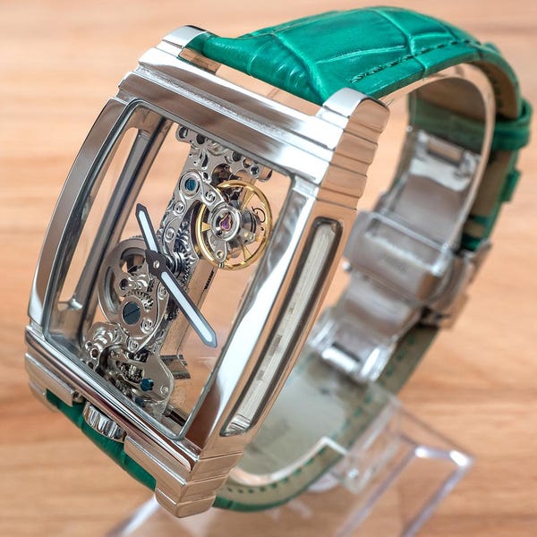 Personalized Mechanical Skeleton Watch: Silver Green Leather, Stainless Steel