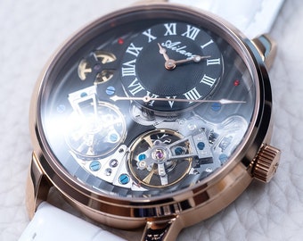 Orologio automatico con doppio volano: oro rosa, vetro zaffiro, pelle bianca