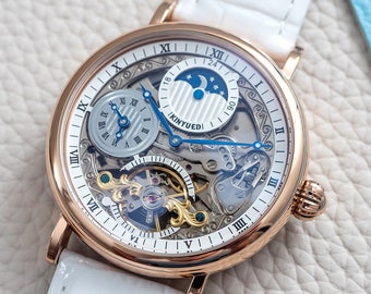 Orologio automatico scheletrato inciso: oro rosa, doppio fuso orario, pelle bianca