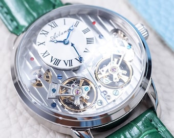 Automatic Dual Flywheel Watch: Sapphire Glass, Green Leather Strap