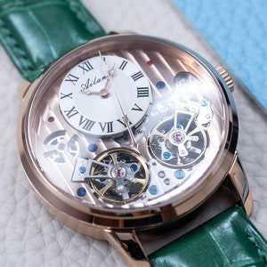 Engraved Automatic Luxury Mechanical Dual Flywheel Watch l Sapphire Glass l Rose Gold White Dial l Green Leather Strap l Gift Anniversary l