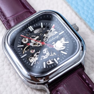 Retro Skeleton Mechanical Watch: Silver Black Dial, Purple Leather Strap