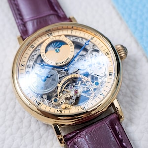 Engraved Gold Automatic Skeleton Watch: Dual Time, Purple Leather