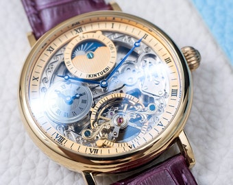 Engraved Gold Automatic Skeleton Watch: Dual Time, Purple Leather