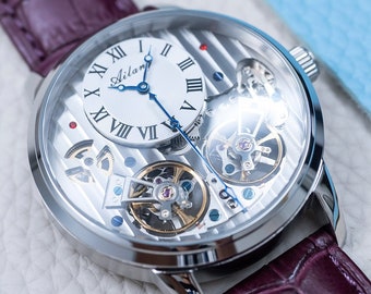 Automatic Dual Flywheel Watch: Sapphire Glass, Purple Leather Strap