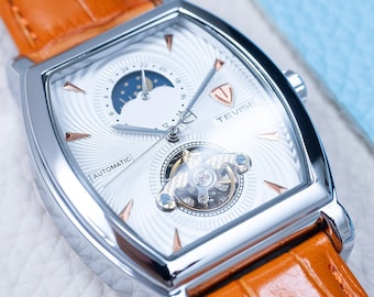 Automatic Skeleton Watch: Silver White Dial, Orange Leather Strap