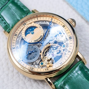 Engraved Gold Skeleton Automatic Watch: Green Leather Dual Time