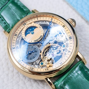 Engraved Automatic Skeleton Mechanical Dual Time Watch l Gold l Green Leather Strap l Gift Anniversary l Personalized