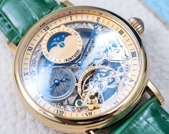 Engraved Gold Skeleton Automatic Watch: Green Leather Dual Time