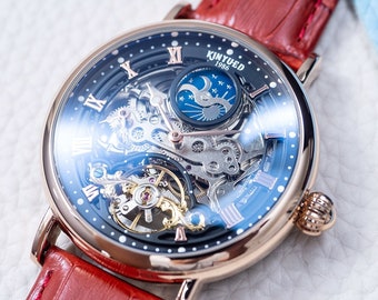 Automatic Skeleton Watch: Rose Gold, Red Leather, Dual Time
