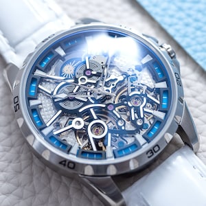 Automatic Mechanical Watch: Sapphire Glass, Silver/Blue Dial, White Leather Strap