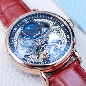 Engraved Rose Gold Skeleton Watch: Automatic Dual Time, Red Leather