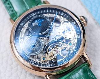 Engraved Automatic Skeleton Watch: Rose Gold, Green Leather, Dual Time