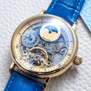 Engraved Automatic Skeleton Mechanical Dual Time Watch l Gold l Blue Leather Strap l Gift Anniversary