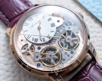 Engraved Automatic Watch: Rose Gold, Dual Flywheel, Purple Leather