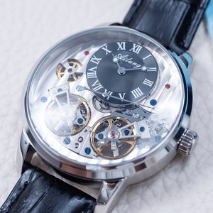 Engraved Automatic Luxury Mechanical Dual Flywheel Watch l Sapphire Glass l Silver Black Dial l Black Leather Strap l Gift Anniversary l