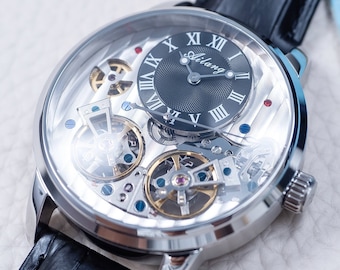 Automatische Mechanische Uhr: Silber Schwarzes Ziffernblatt, Saphirglas, Lederarmband
