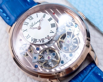 Engraved Automatic Mechanical Dual Flywheel Watch: Sapphire Glass Rose Gold Blue Leather Strap