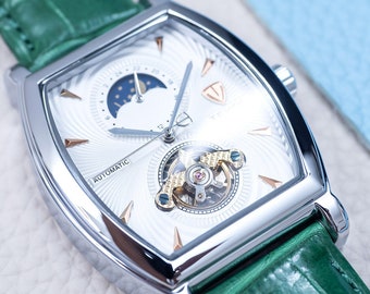 Engraved Automatic Skeleton Mechanical 24 Hour Dial Watch l Silver White Dial l Green Leather Strap l Gift Anniversary