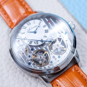 Engraved Automatic Luxury Mechanical Dual Flywheel Watch l Sapphire Glass l Silver White Dial l Orange Leather Strap l Gift Anniversary l