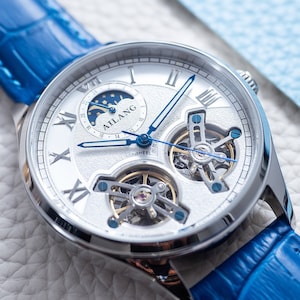 Engraved Automatic Skeleton Mechanical Dual Flywheel Watch l Silver White Dial l Blue Leather Strap l Gift Anniversary l Personalized