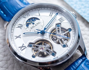 Engraved Automatic Skeleton Mechanical Dual Flywheel Watch: Silver White Dial Blue Leather Strap