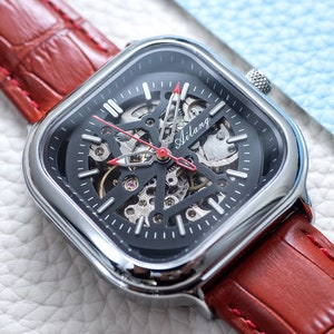Engraved Automatic Retro Skeleton Mechanical Watch l Silver Black Dial l Red Leather Strap l Gift Anniversary