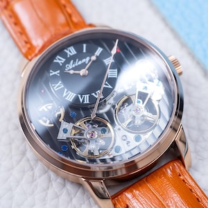 Engraved Automatic Luxury Mechanical Dual Flywheel Watch l Sapphire Glass l Rose Gold Black Dial l Orange Leather Strap l Gift Anniversary l