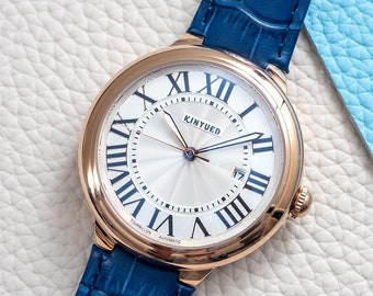 Engraved Rose Gold Automatic Watch: Blue Leather Strap