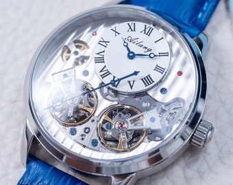 Engraved Automatic Watch: Sapphire Glass, Dual Flywheel, Blue Leather