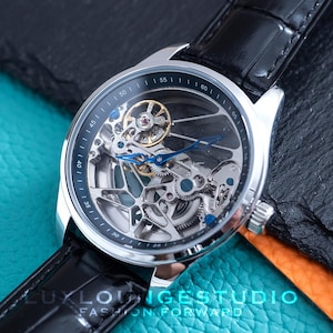 Personalized Skeleton Watch: Silver Automatic Mechanical Watch with Black Leather Band