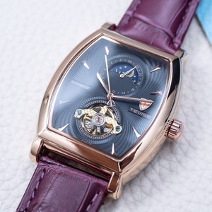 Engraved Automatic Skeleton Mechanical 24 Hour Dial Watch l Rose Gold Black Dial l Purple Leather Strap l Gift Anniversary